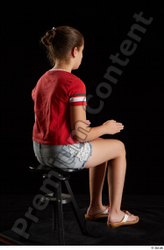 Whole Body Woman White Shirt Jeans Shorts Average Sitting Studio photo references